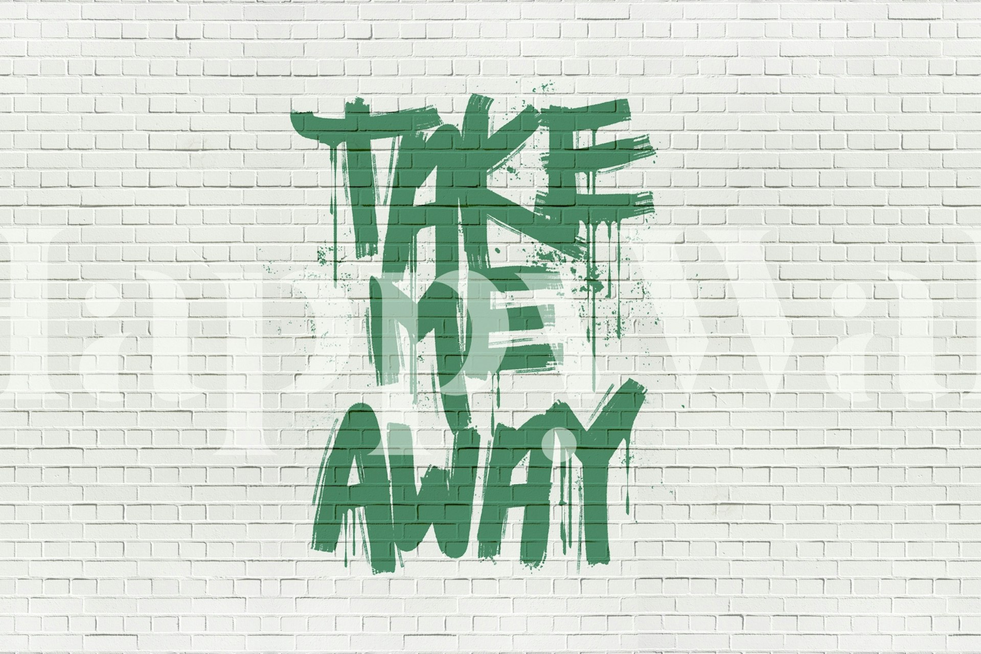 Green graffiti text 'Take Me Away' on a white brick wall wallpaper