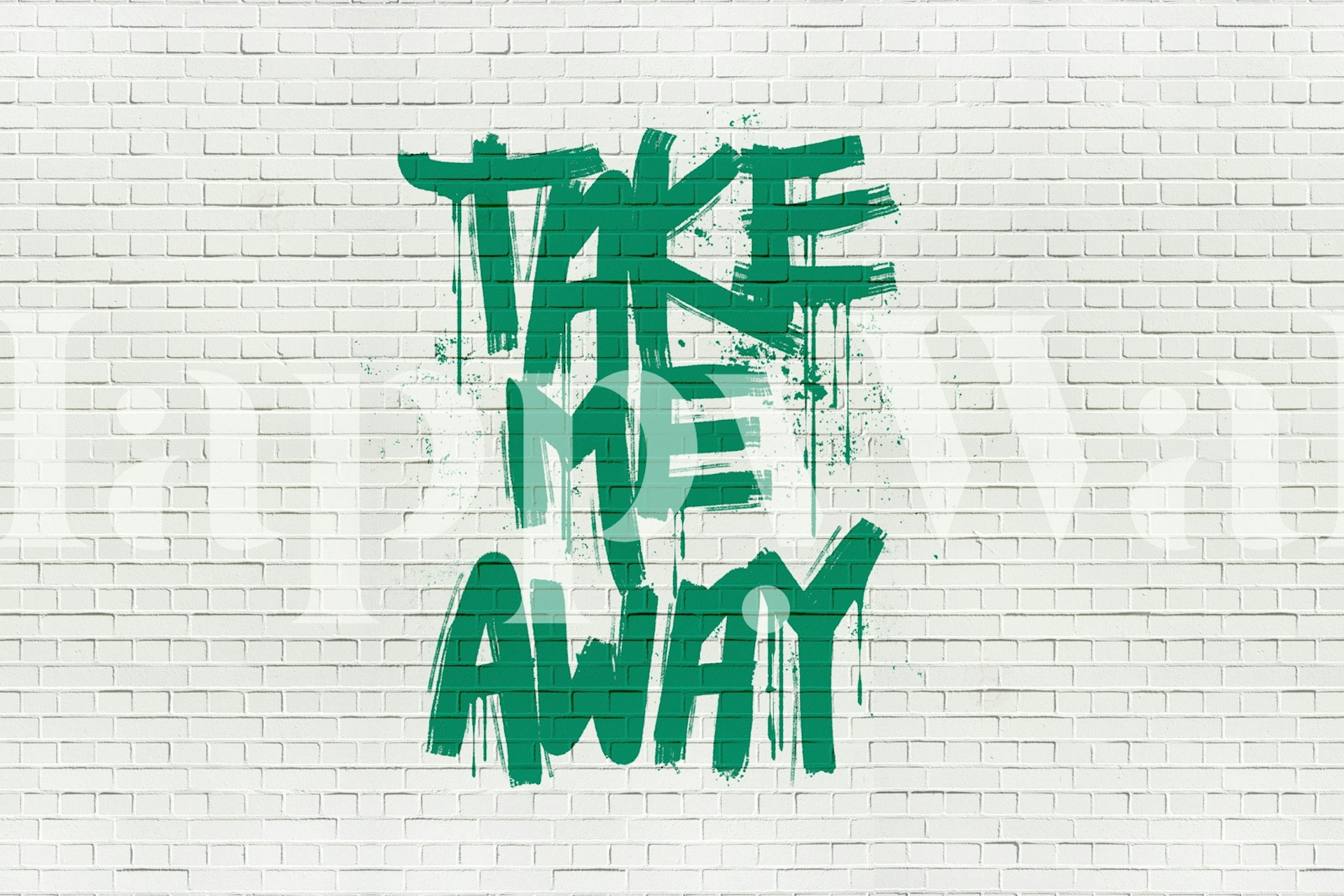 Green graffiti text 'Take Me Away' on a white brick wall wallpaper