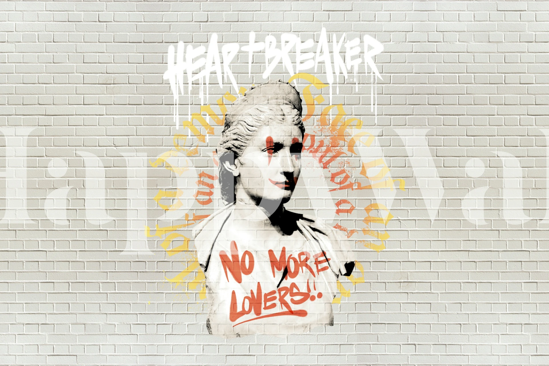 Graffiti wall mural with statue and text elements in vibrant colors