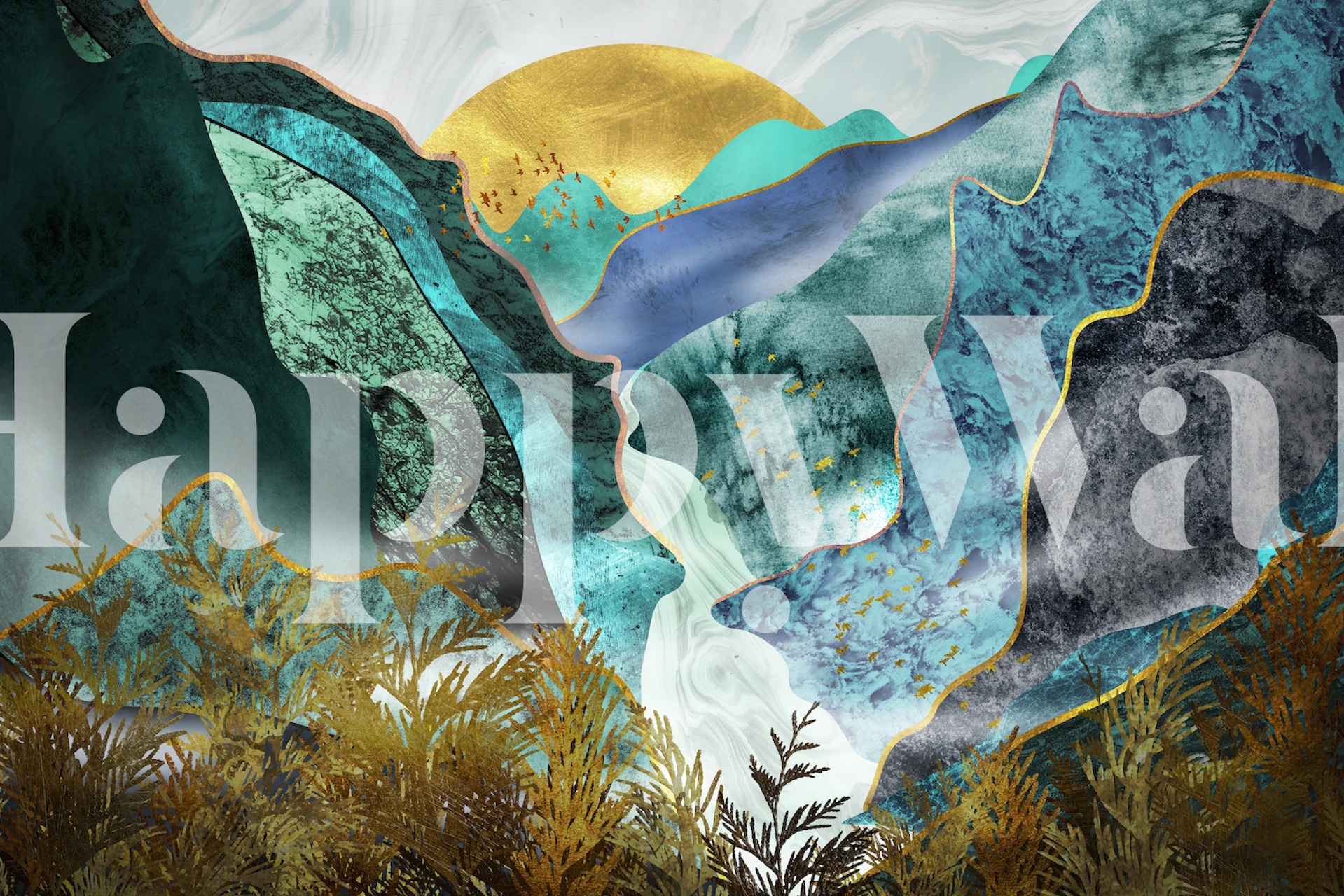 Abstract wall mural with layered valleys in shades of turquoise, gold, and black