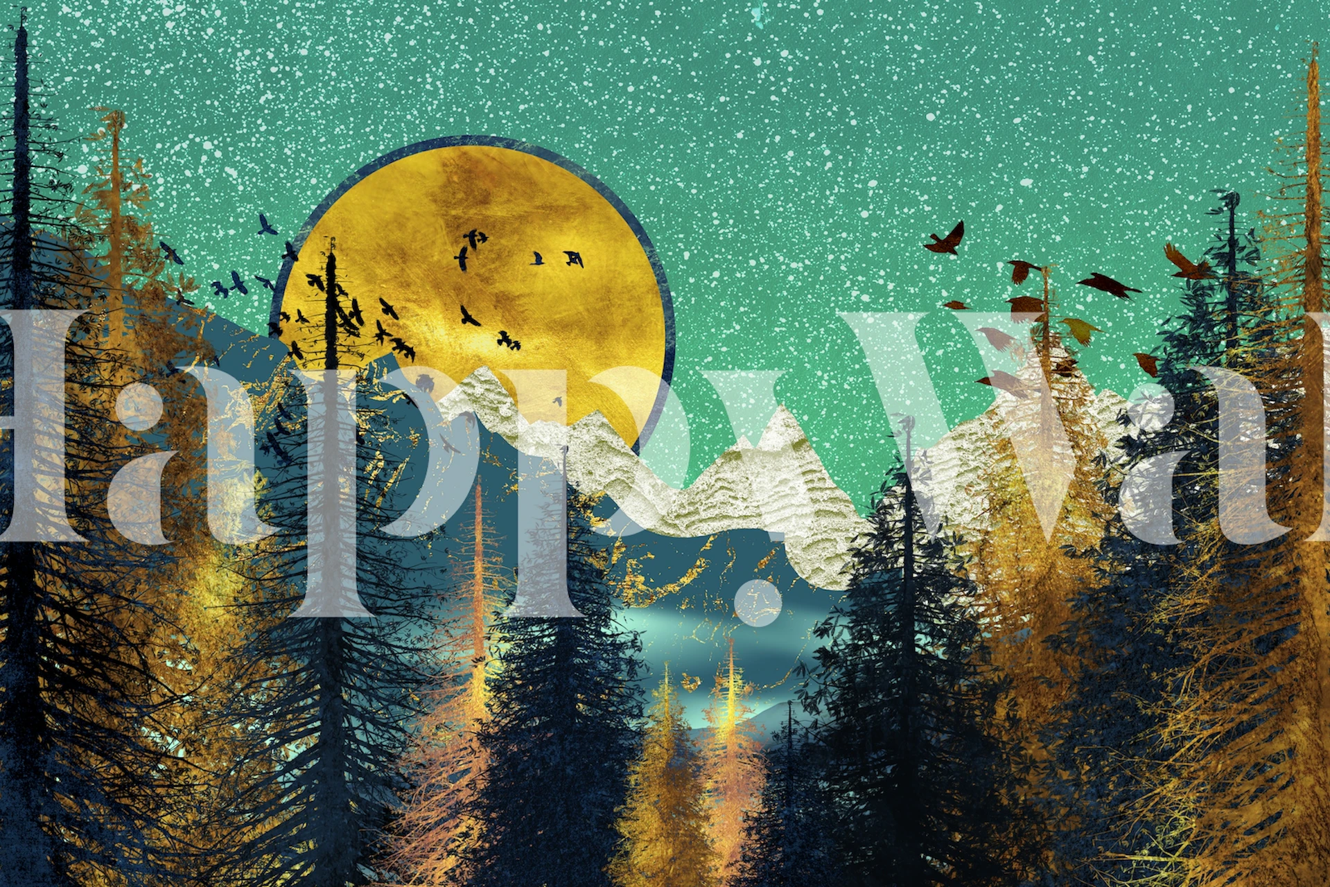 Blauw en goud berglandschap muurschildering met opkomende maan