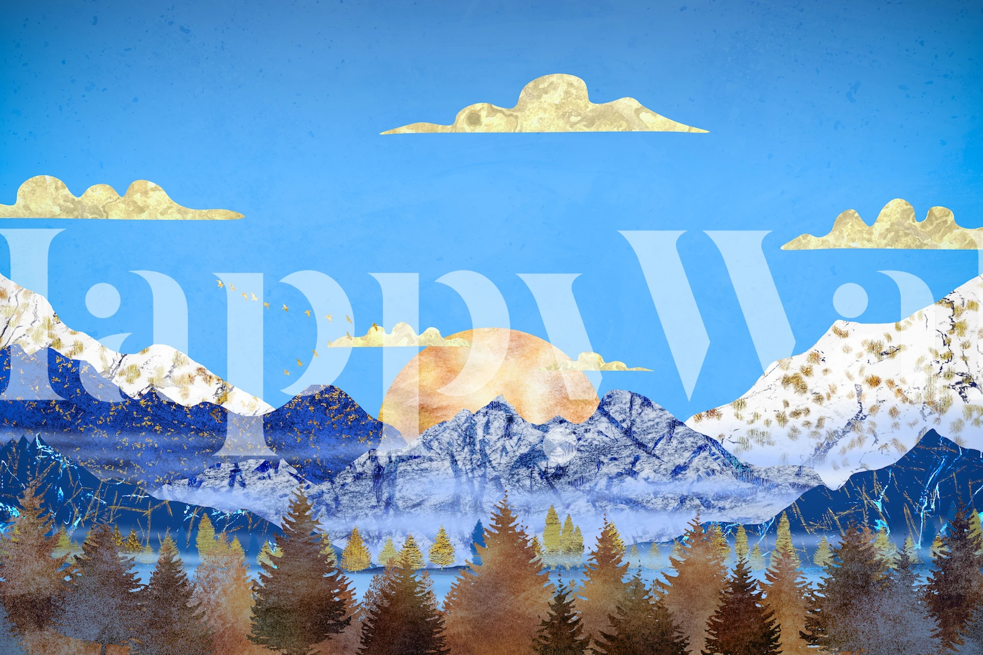 Colorful mountain landscape with sunset and blue sky wallpaper