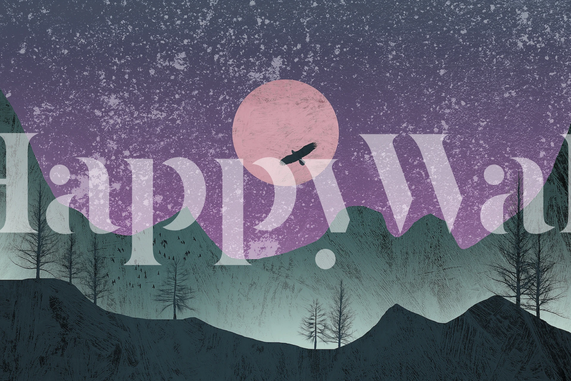 Mountain landscape with a purple sky and an eagle silhouette wallpaper