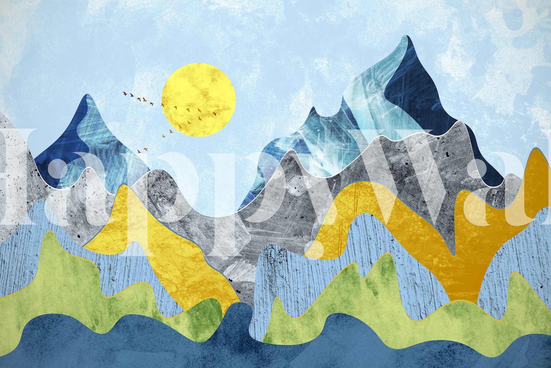 Colorful mountain landscape art with blue, yellow, and green hues wallpaper