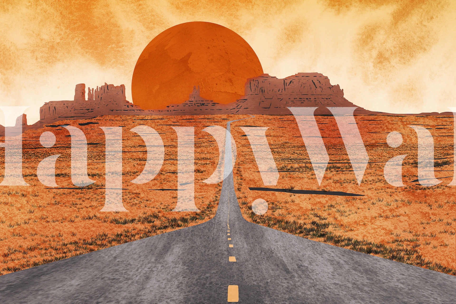 Desert landscape with orange sunset and grey road wallpaper
