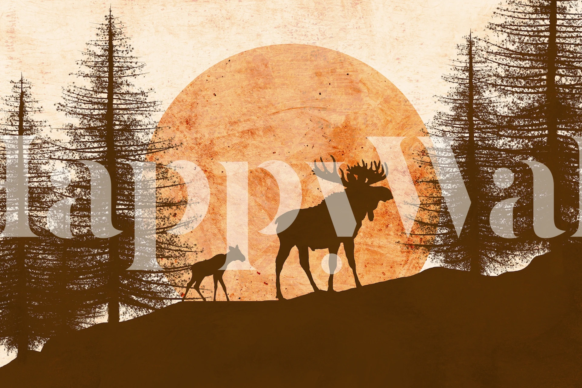 Moose and cub silhouette against a large orange sun wallpaper