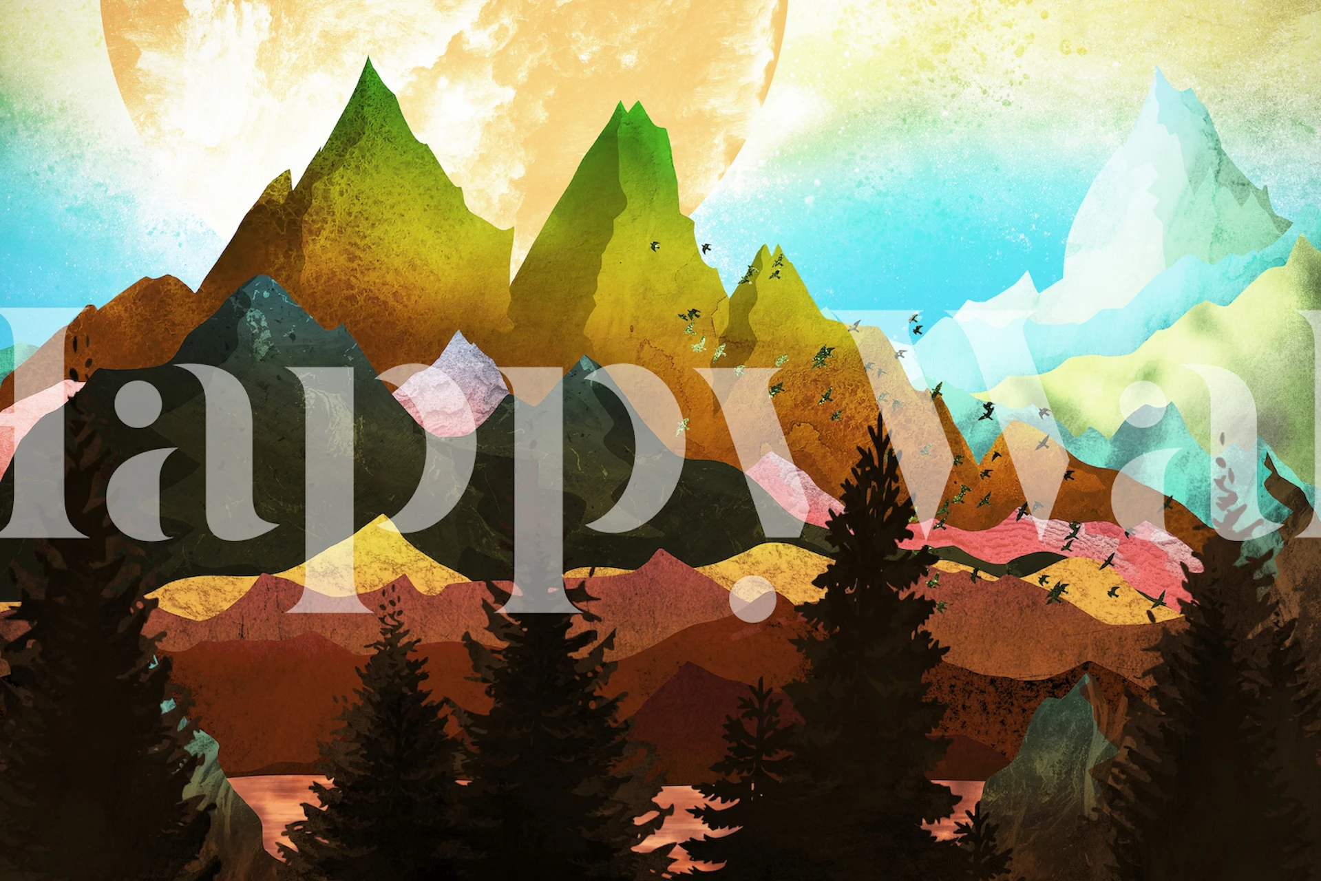 Een rijkelijk gekleurd fotobehang met gestileerde bergen in de kleuren groen, oranje en roze tegen een warme lucht.