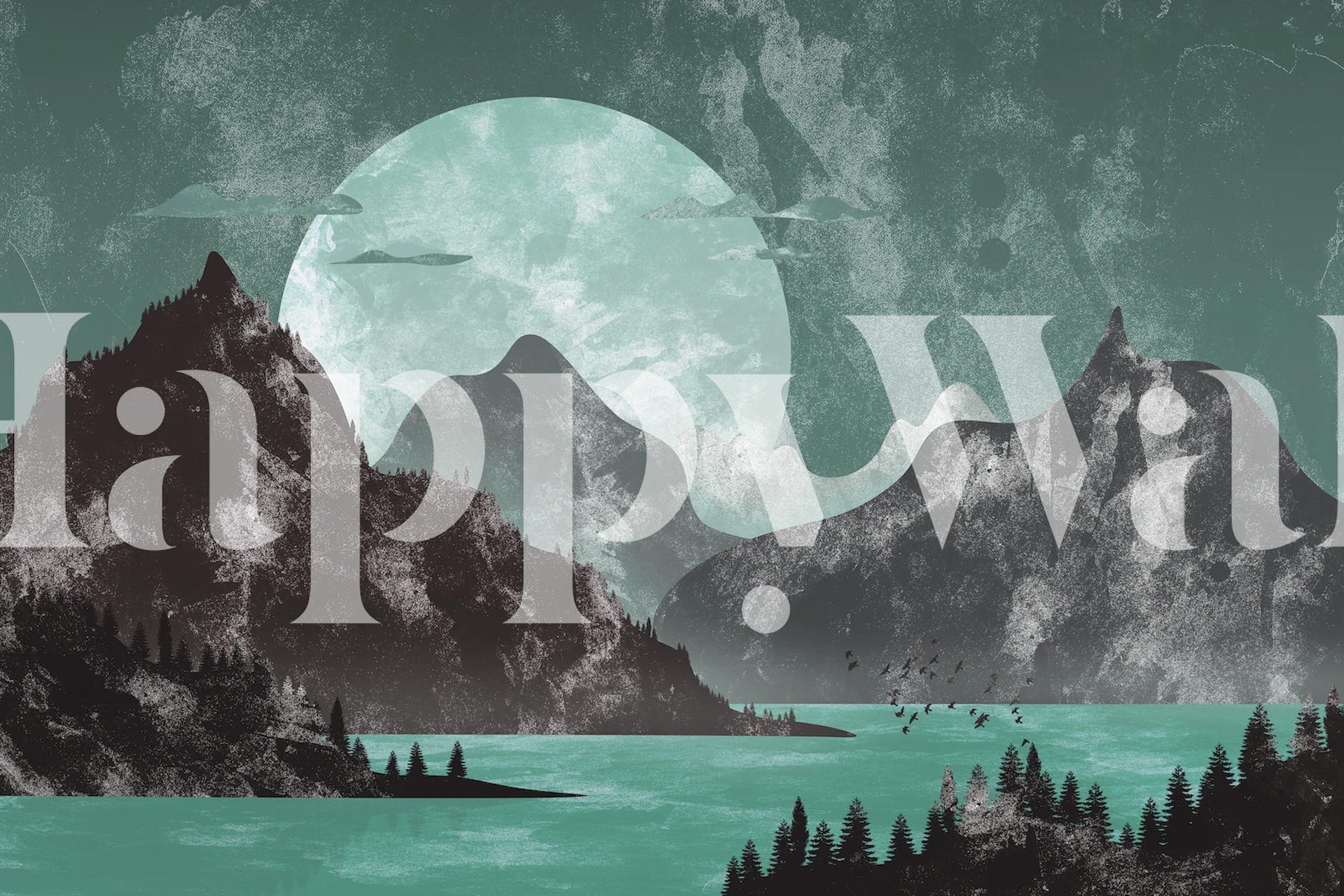 Mountain lake scene with teal water and gray mountains wallpaper