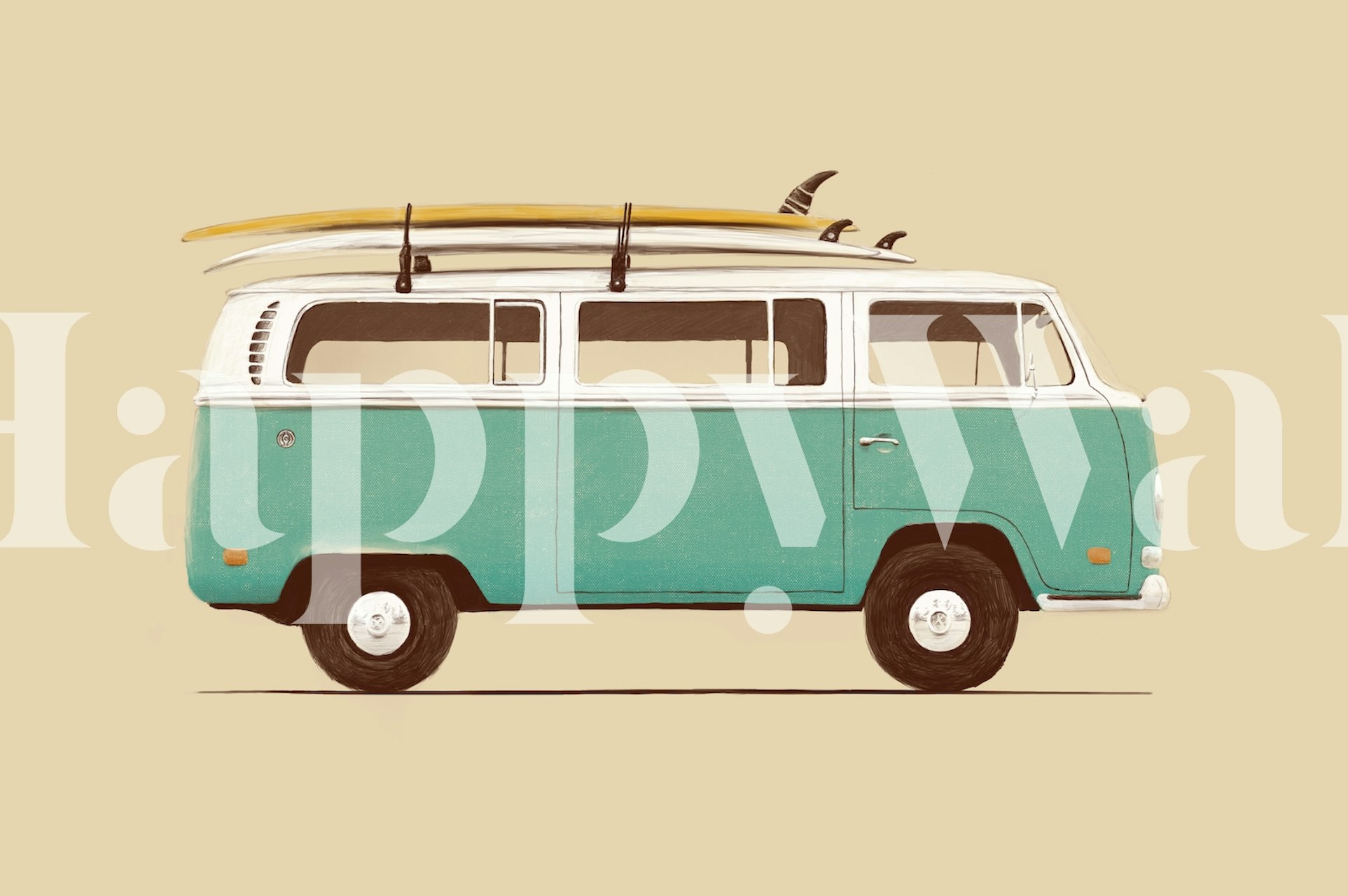 Furgone blu retrò con murale con tavola da surf