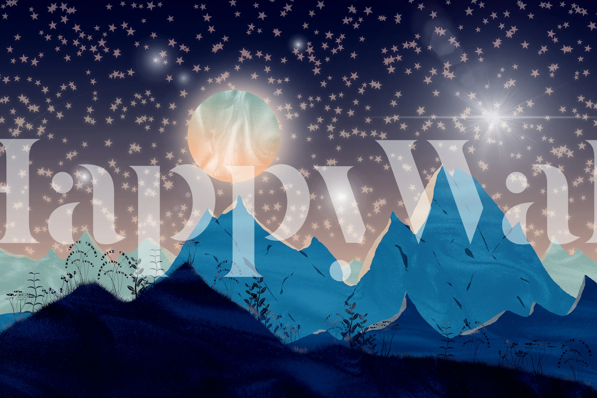 Snowy mountain peaks under a starry sky with a luminous full moon wall mural