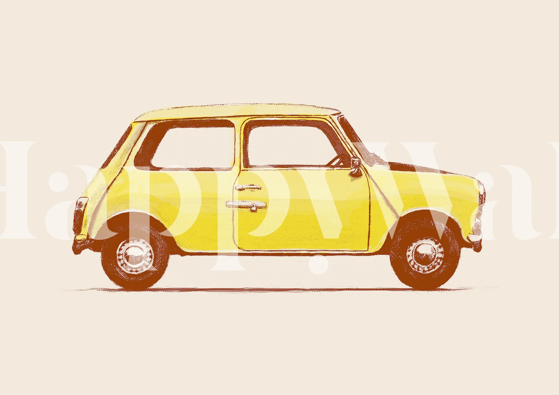 Yellow mini car illustration on soft beige wallpaper
