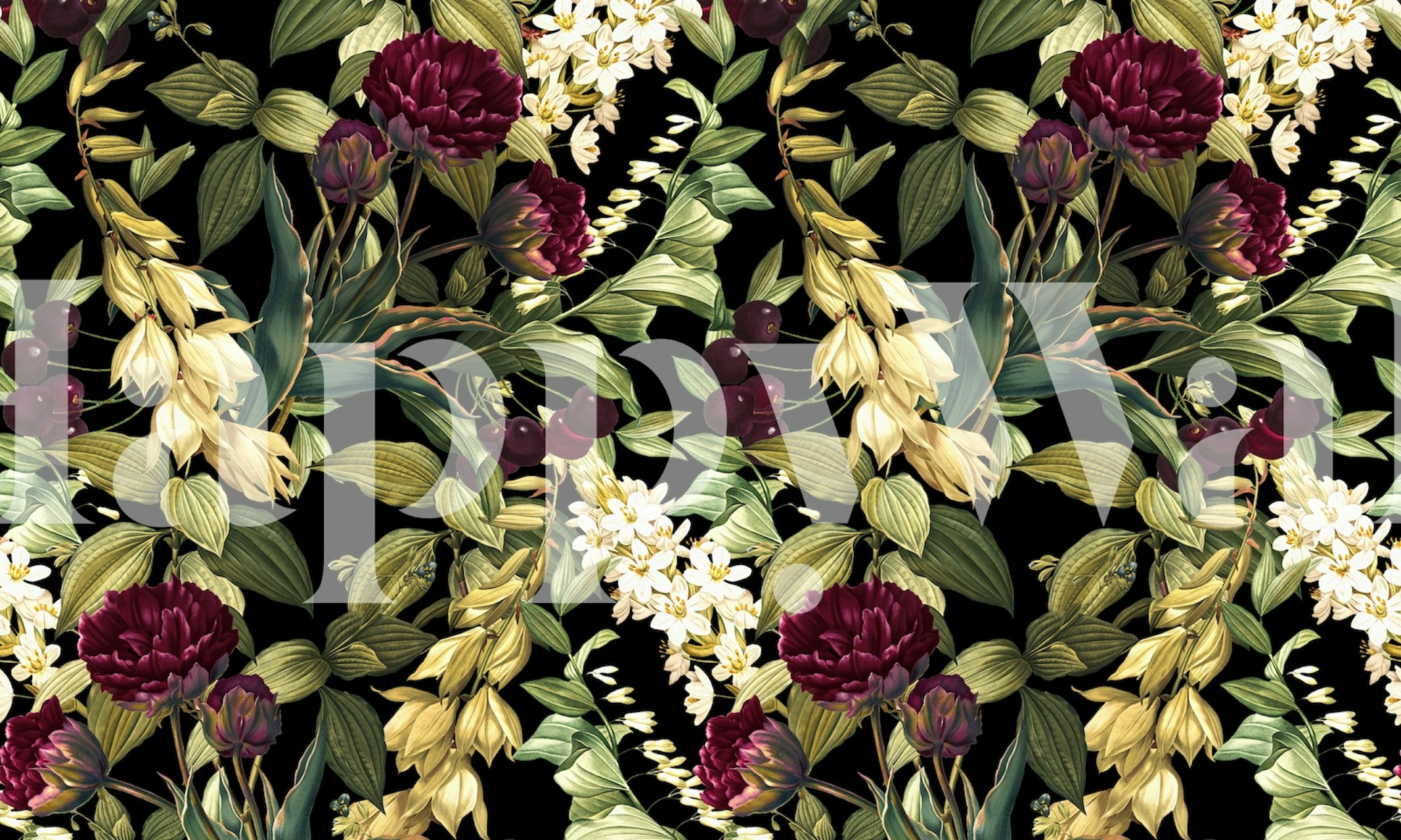 Dark floral garden wallpaper with burgundy and gold flowers and green leaves.