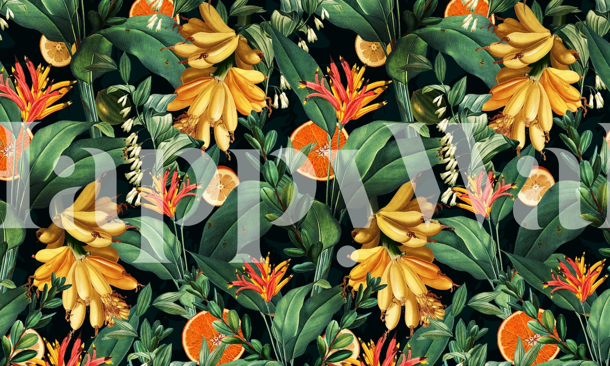 Tropische oranje tuin muurschildering met oranje bloemen en groene bladeren