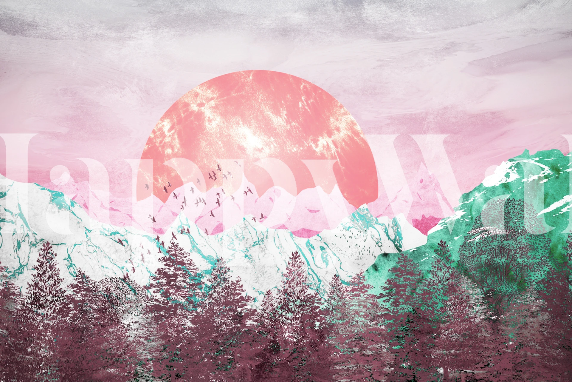 Fototapet av rosa snötäckta berg med en stor rund solnedgång eller stigande bakom topparna.