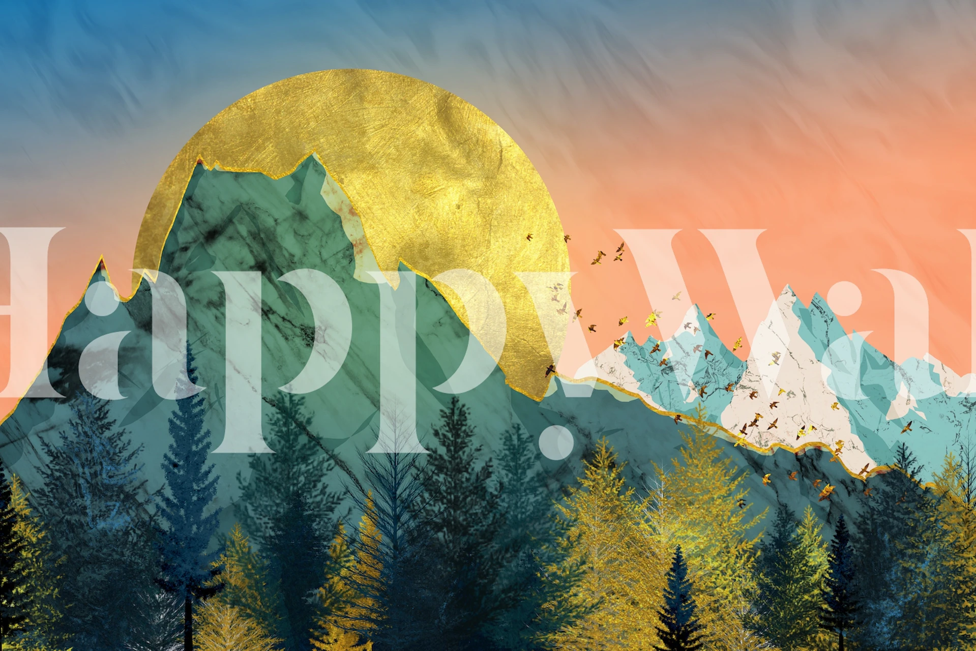 Golden mountains with blue and green trees and a sun wallpaper