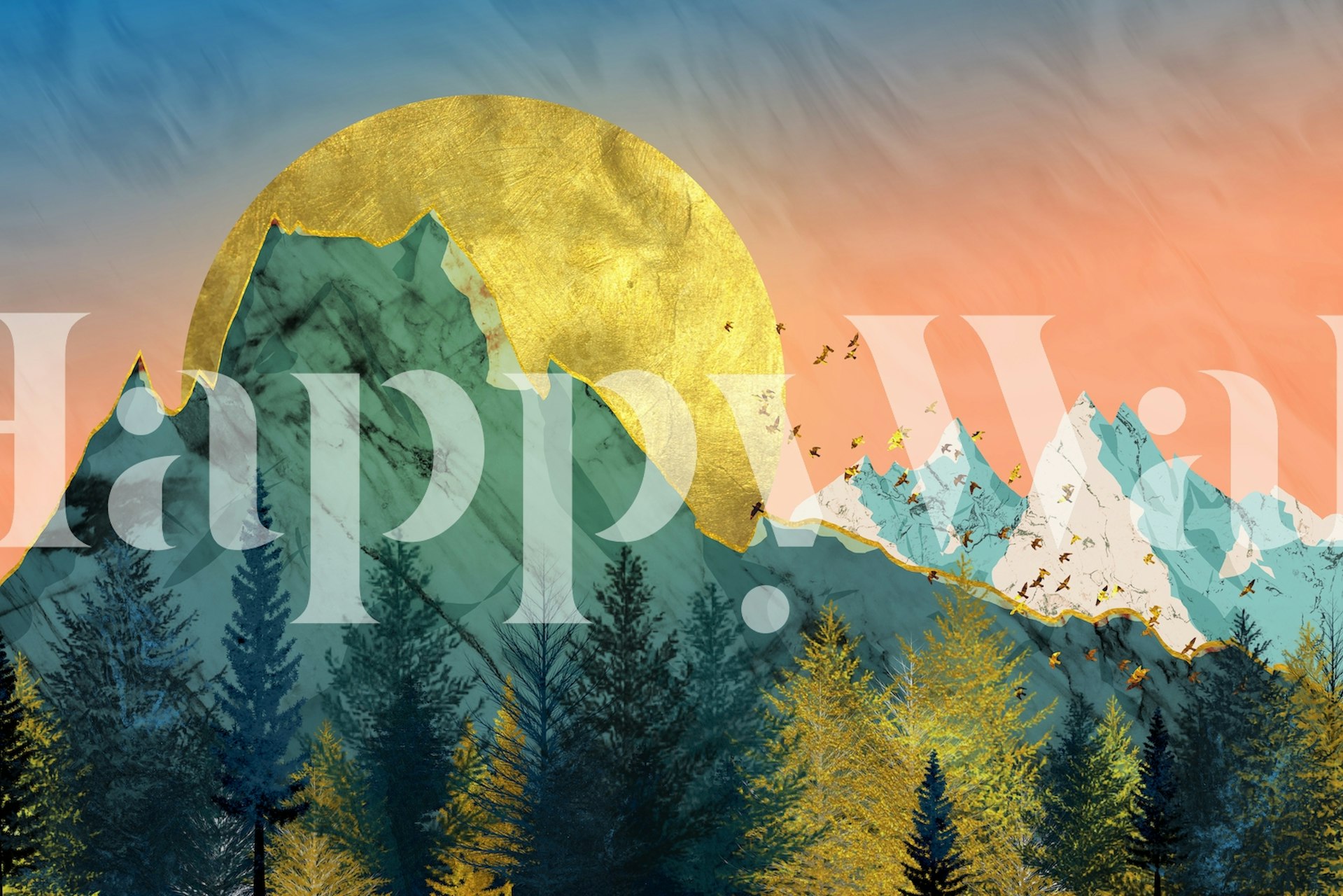 Snow in the golden mountains behang in een kamer