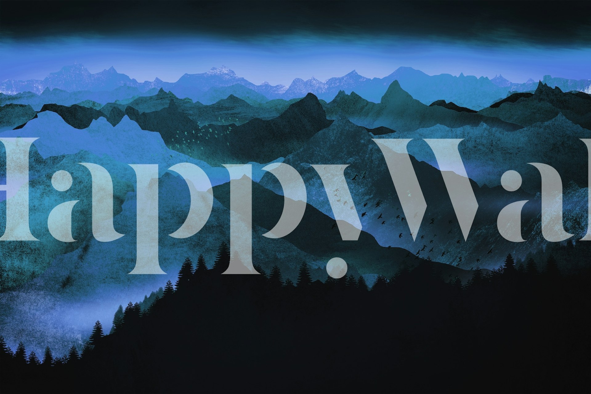 Blue mountain landscape wallpaper with dark forest silhouette