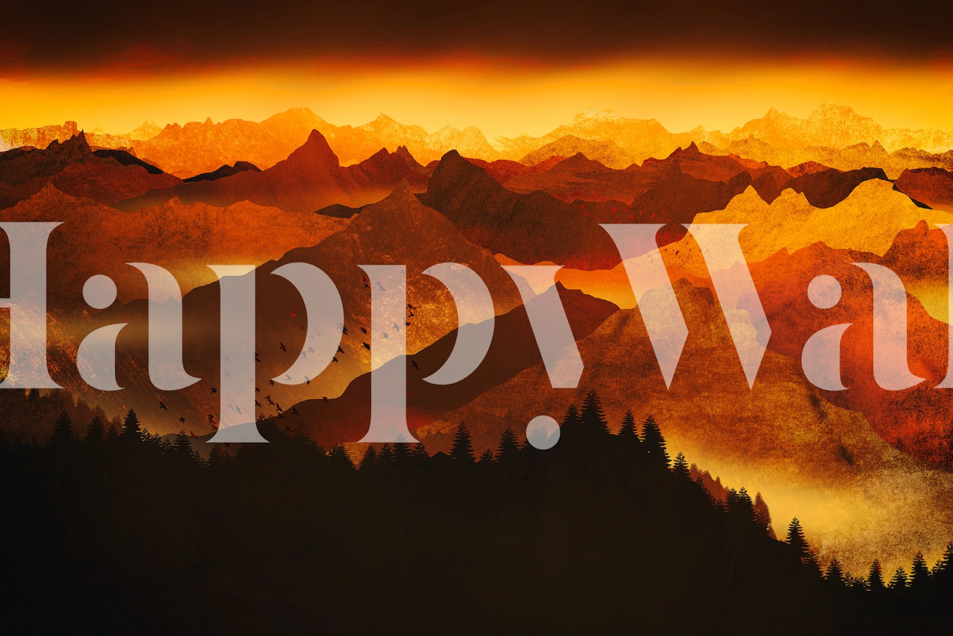 Mystical fiery mountain range wall mural with vivid orange and yellow tones