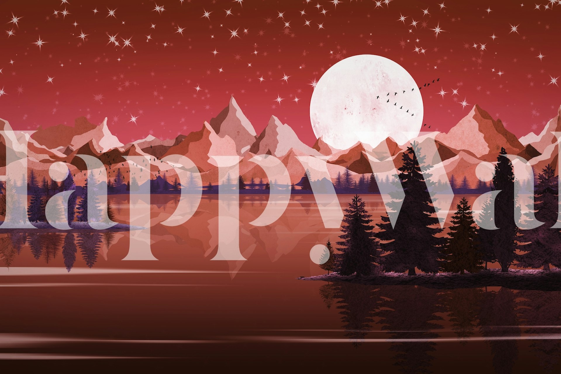 Mountain landscape with red twilight and full moon wallpaper