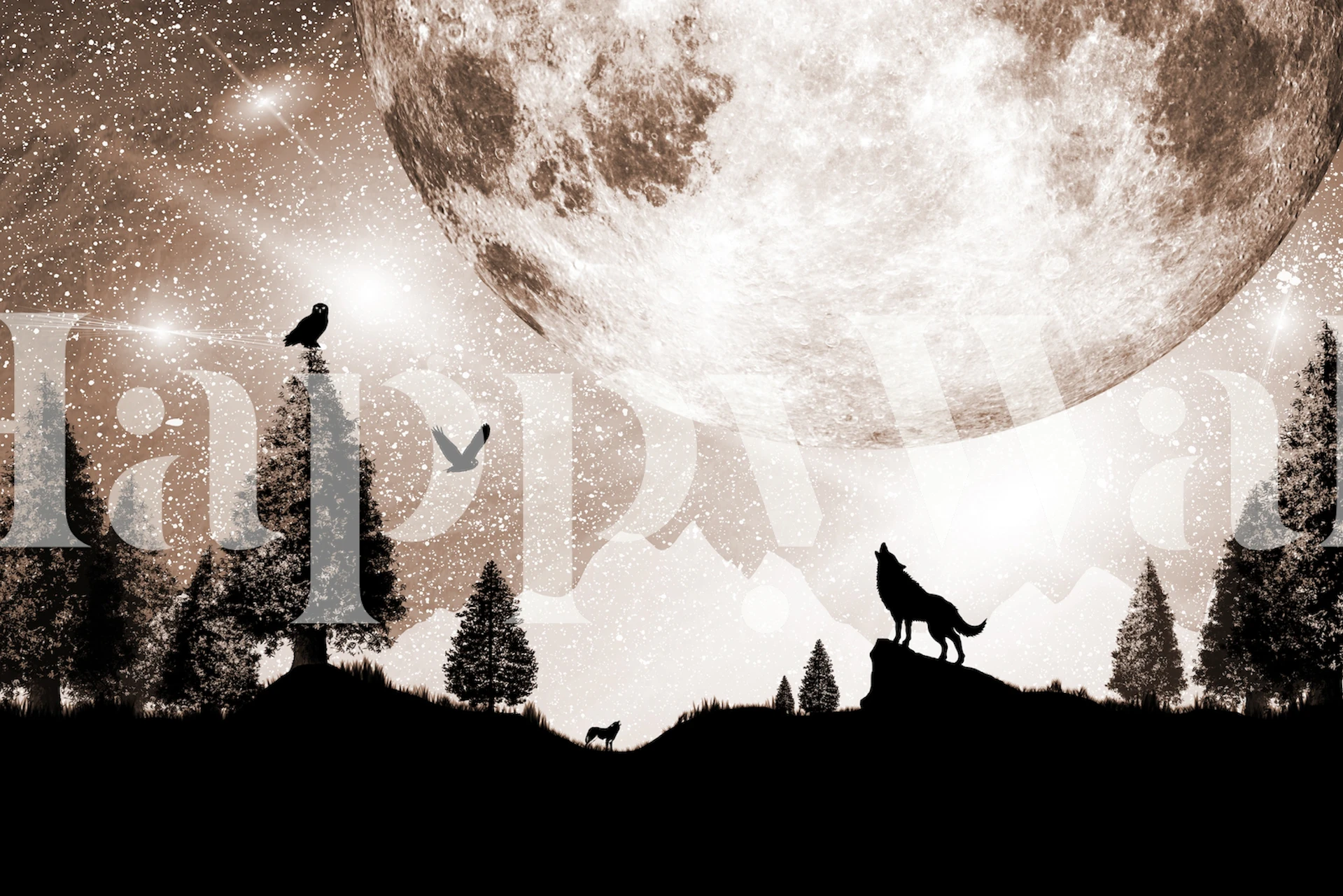 Monochromatic wall mural featuring wolves in a forest under a full moon