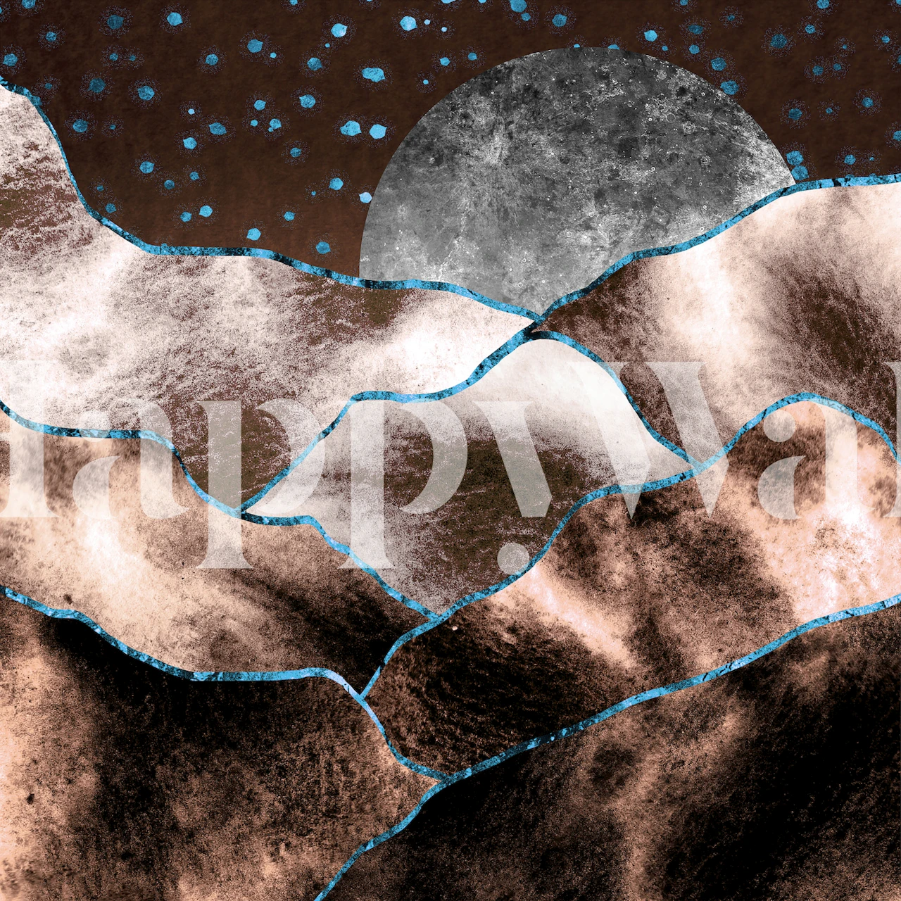 Abstract Copper Mountains wall mural with blue accents and a moon