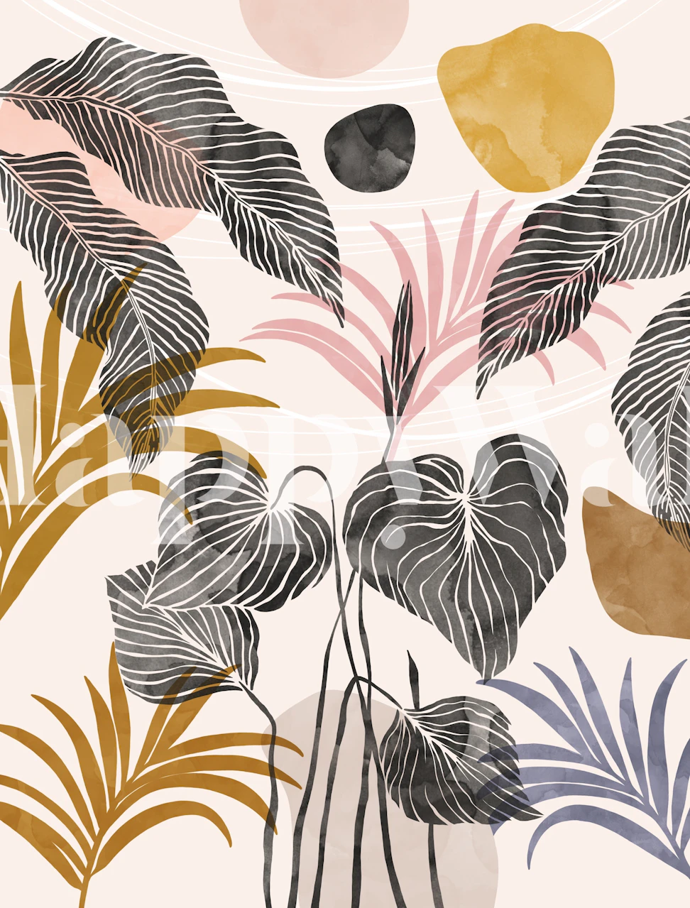 Tropical leaves in black, pink, and gold on a light background wallpaper
