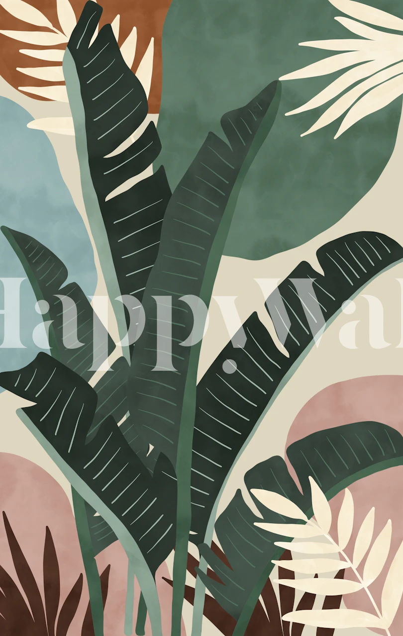Tropical leaves in green, beige, and earthy tones wallpaper