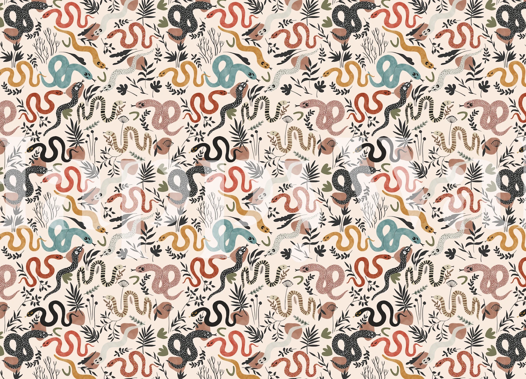Colorful snakes and plants pattern wallpaper