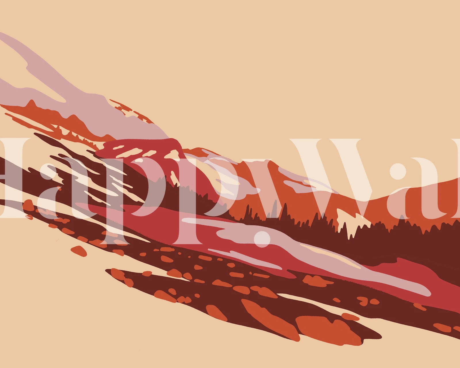 Geometric abstract mountain meadow wall mural with warm terracotta and green tones