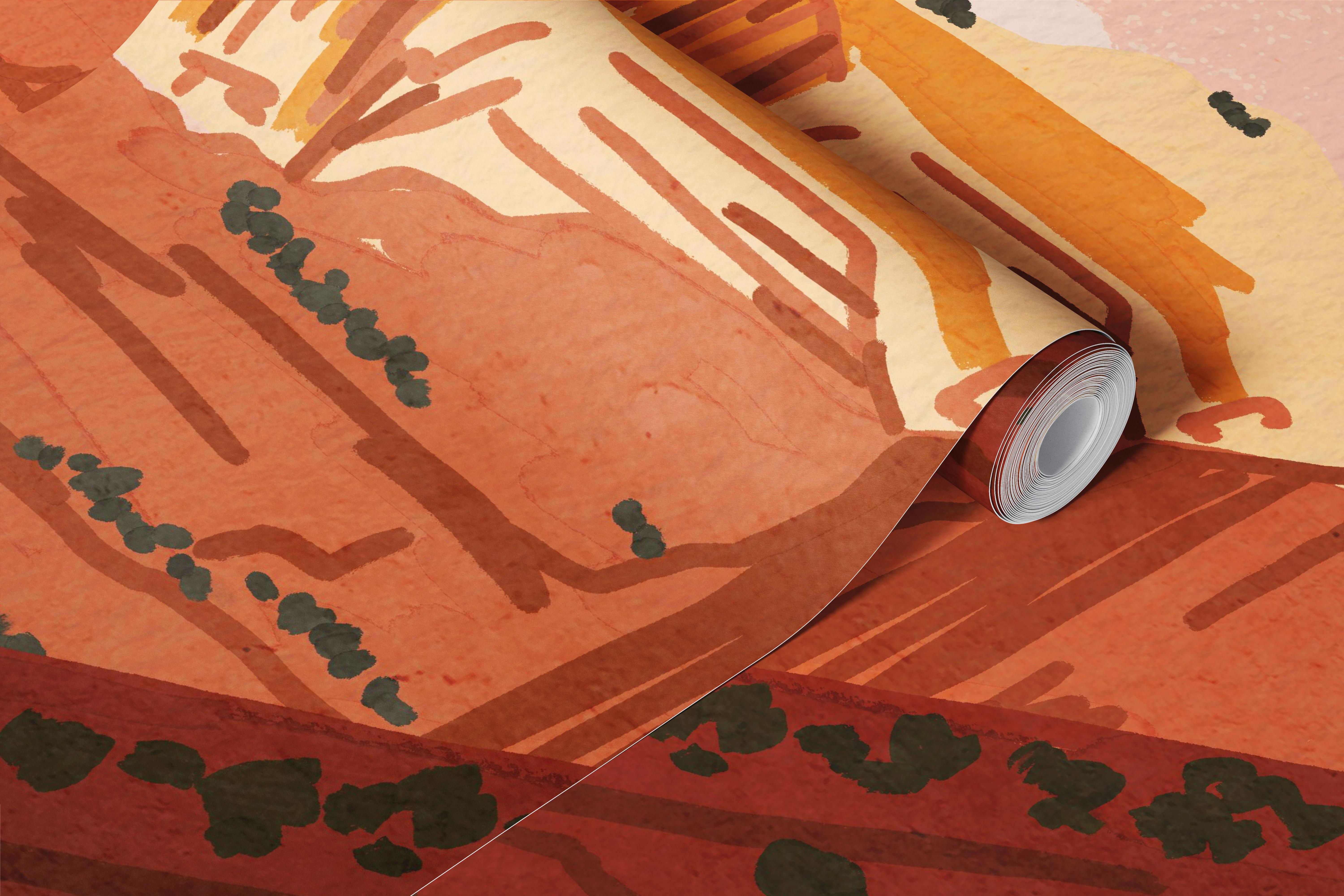 Desert landscape with winding road and mountains in soft colors wallpaper