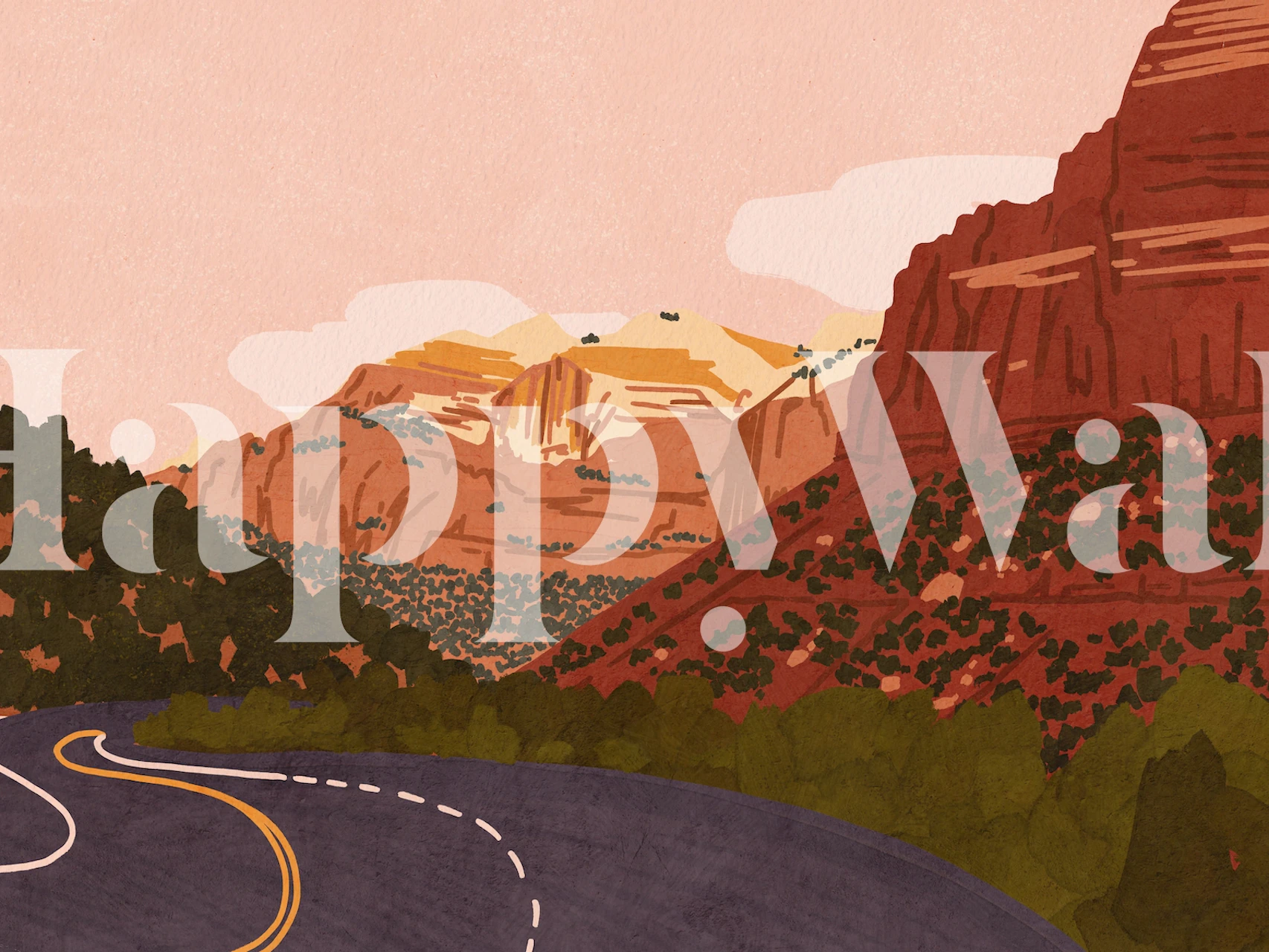 Desert landscape with winding road and mountains in soft colors wallpaper