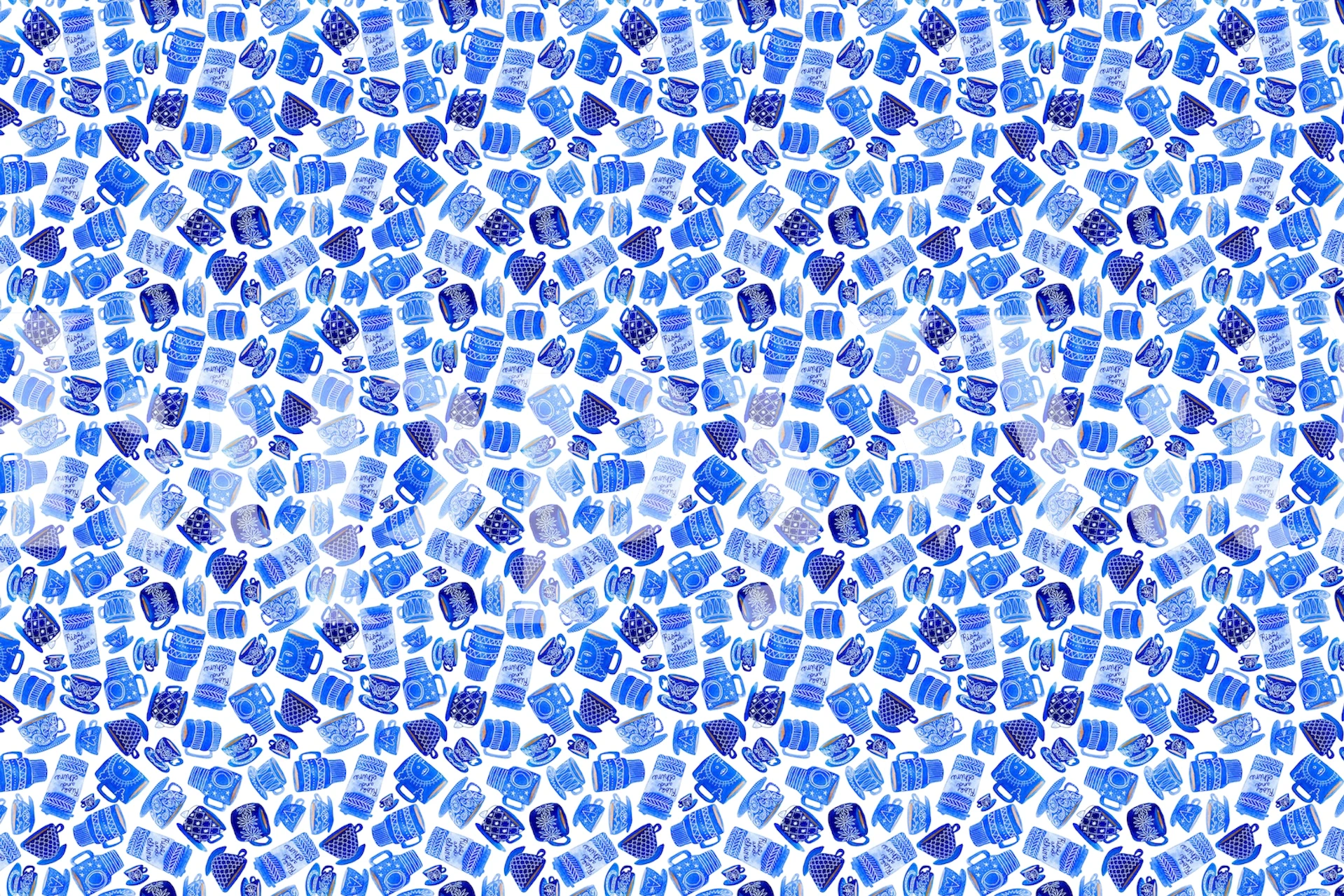 Blue teacups and mugs pattern wall mural