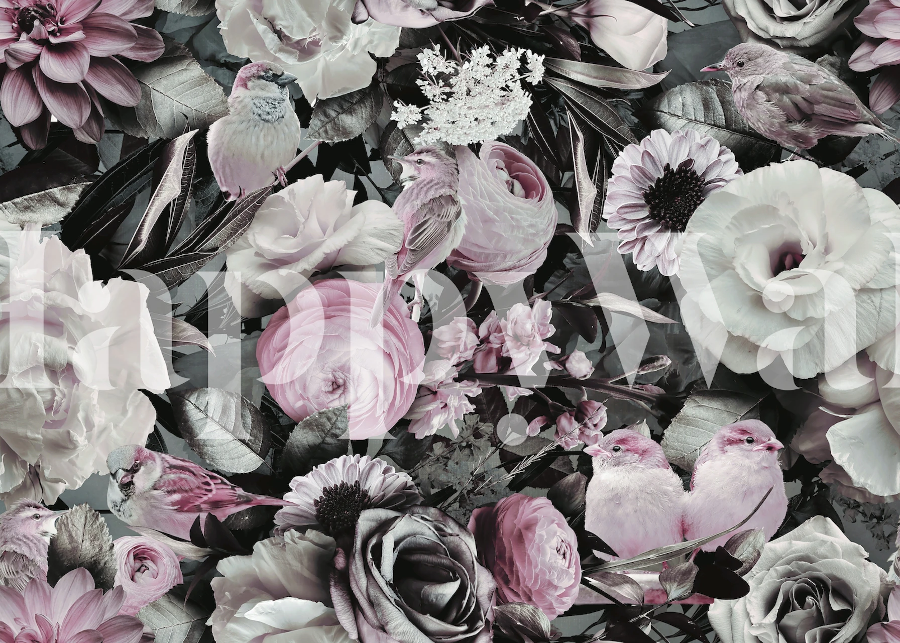Pastel floral pattern with pink flowers and birds wallpaper