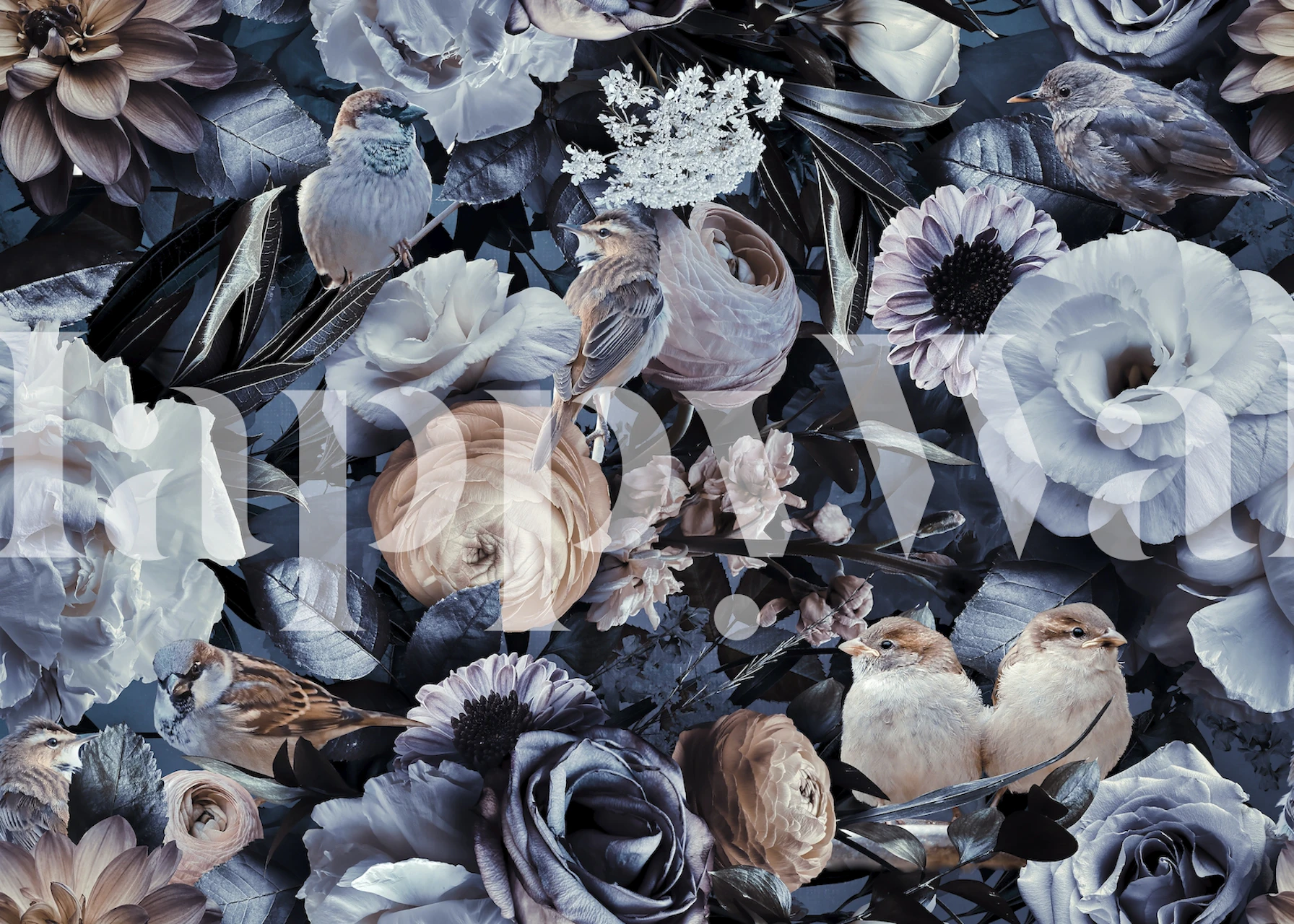 Moody blue flowers and birds wallpaper in a room