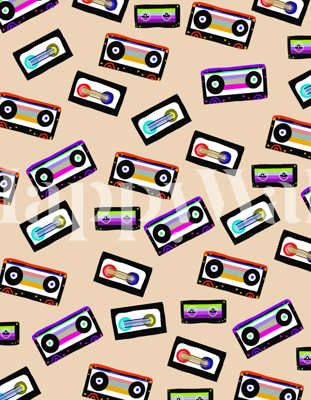 Colorful wallpaper featuring retro cassette tapes