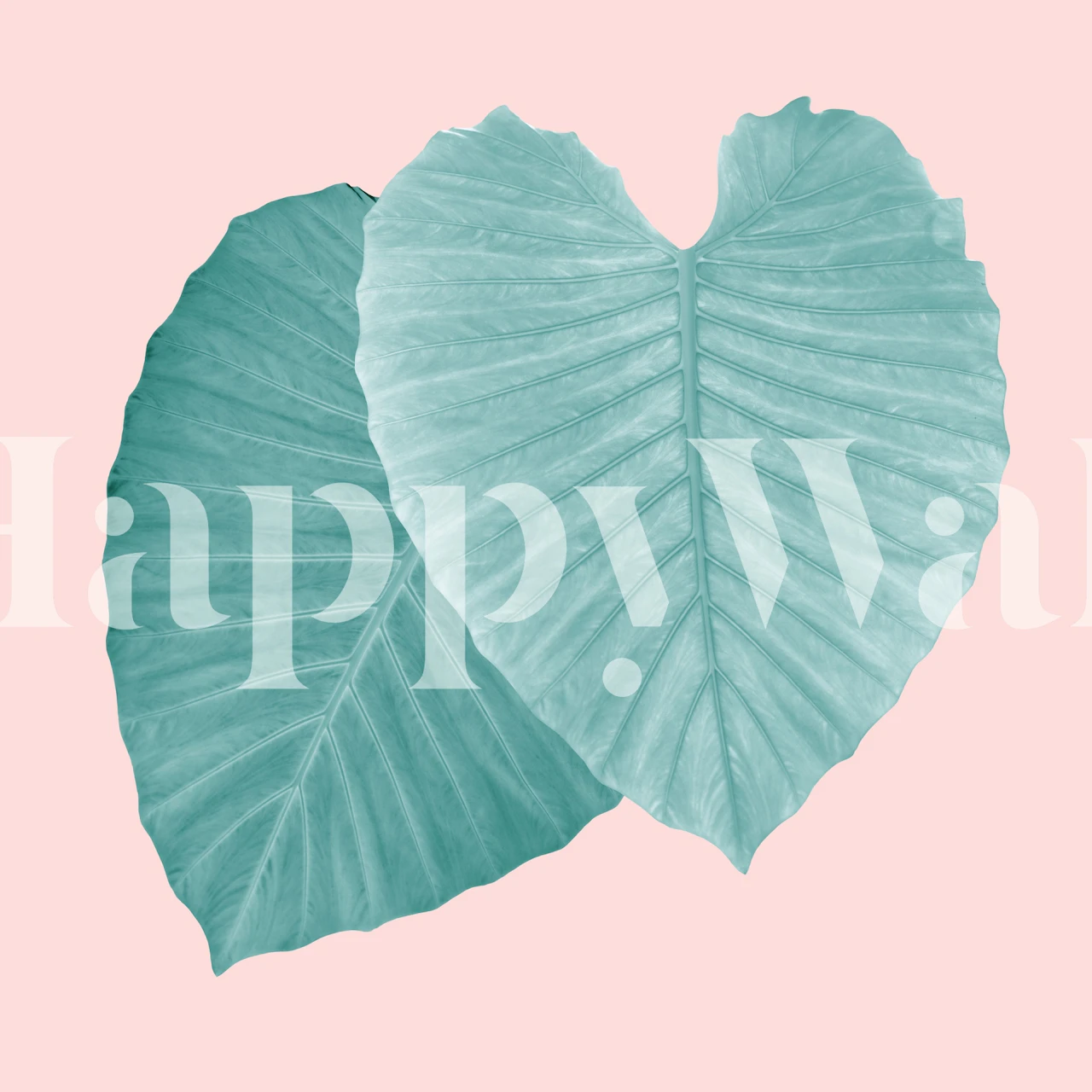 Teal leaves forming a heart on blush pink background wall mural