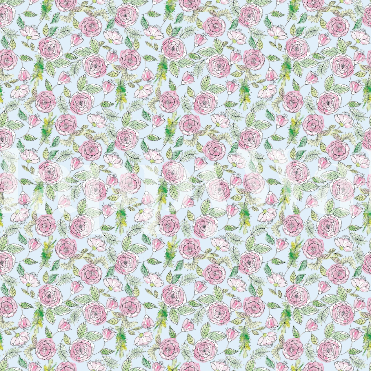 Pink floral pattern with green leaves on light blue background wallpaper