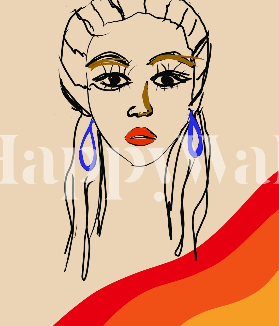 Illustrative wall mural of a line-drawn woman with blue earrings and orange accent