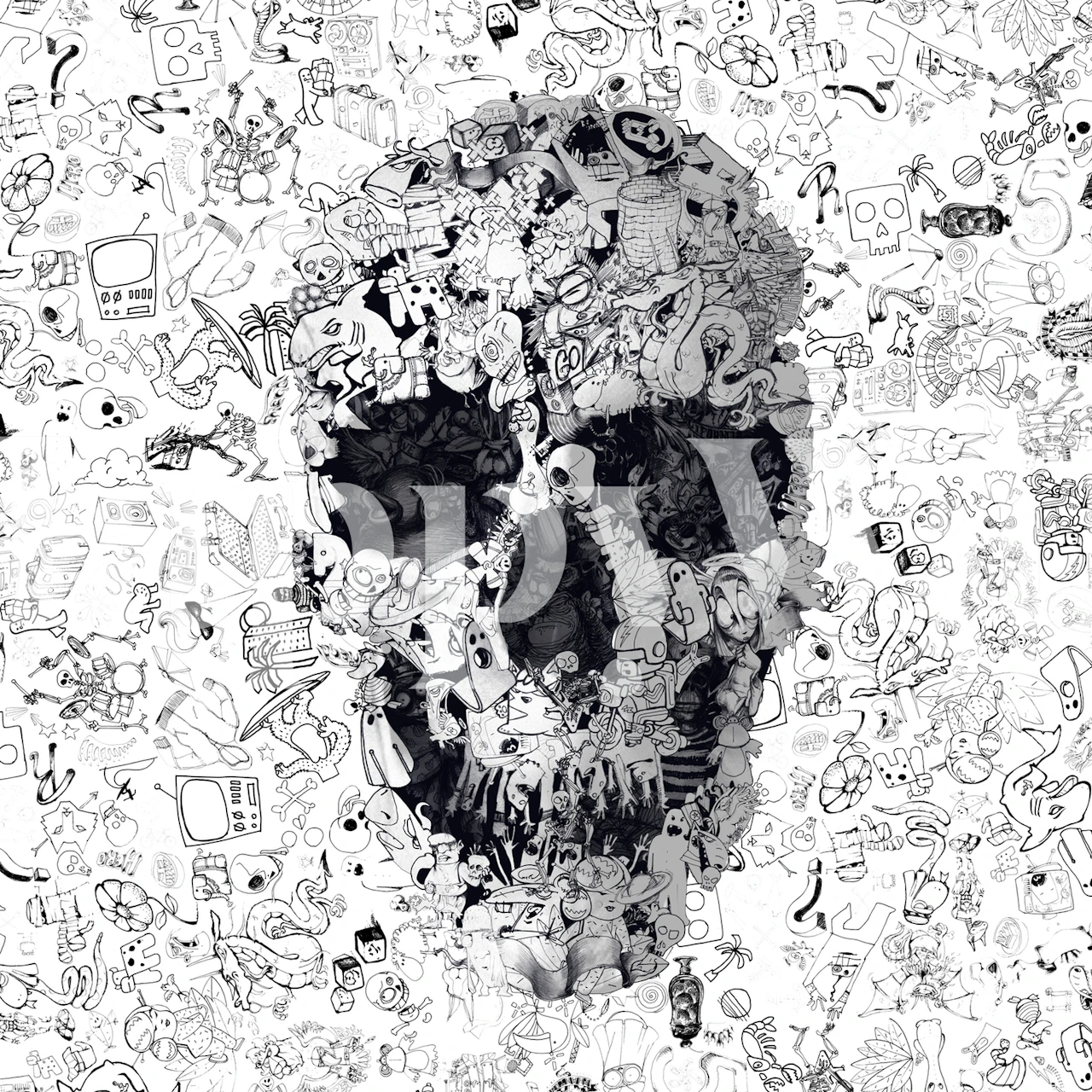 Schwarz-weißes Doodle Skull-Muster mit verspielten Details wallpaper