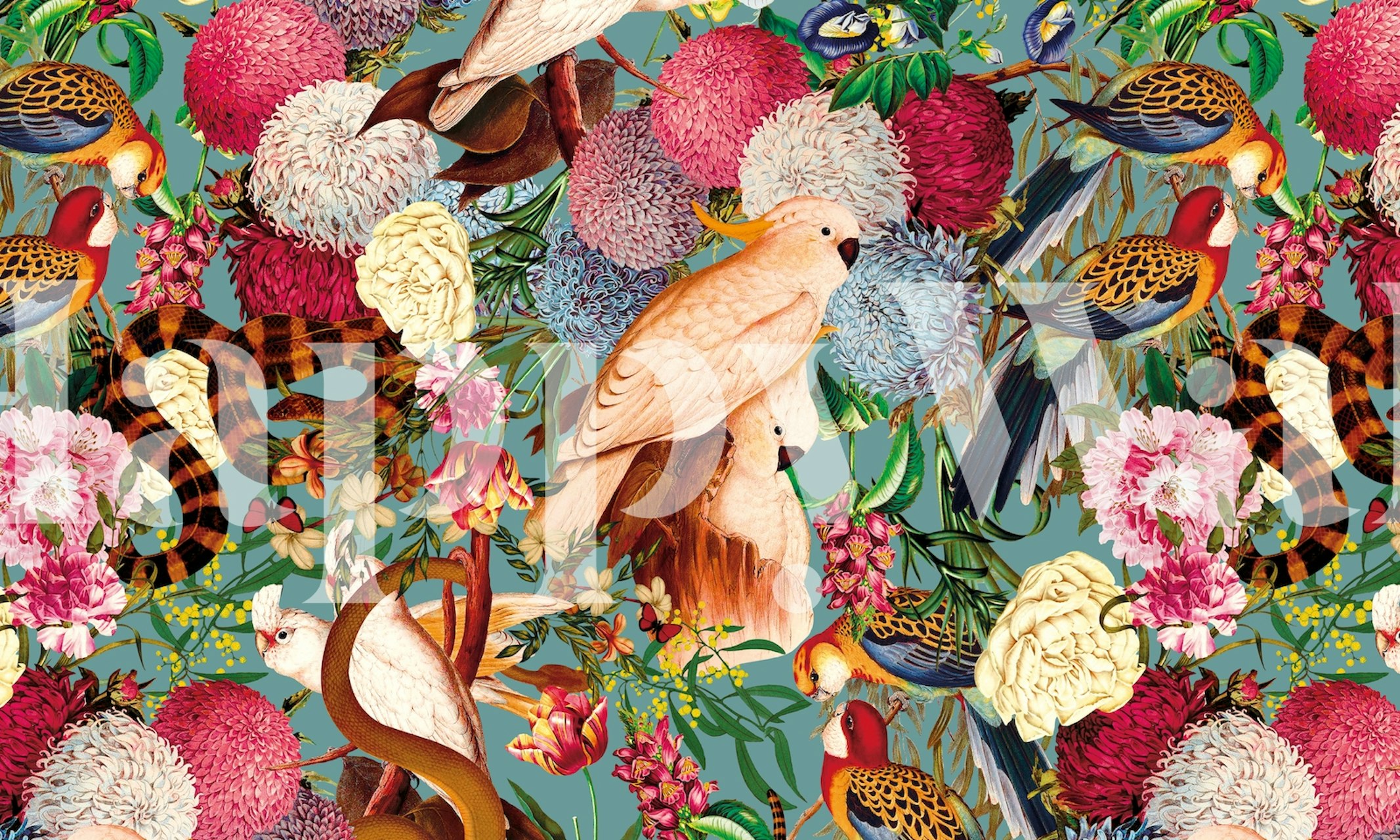 Papel tapiz Floral and Animals pattern exhibido en una habitación