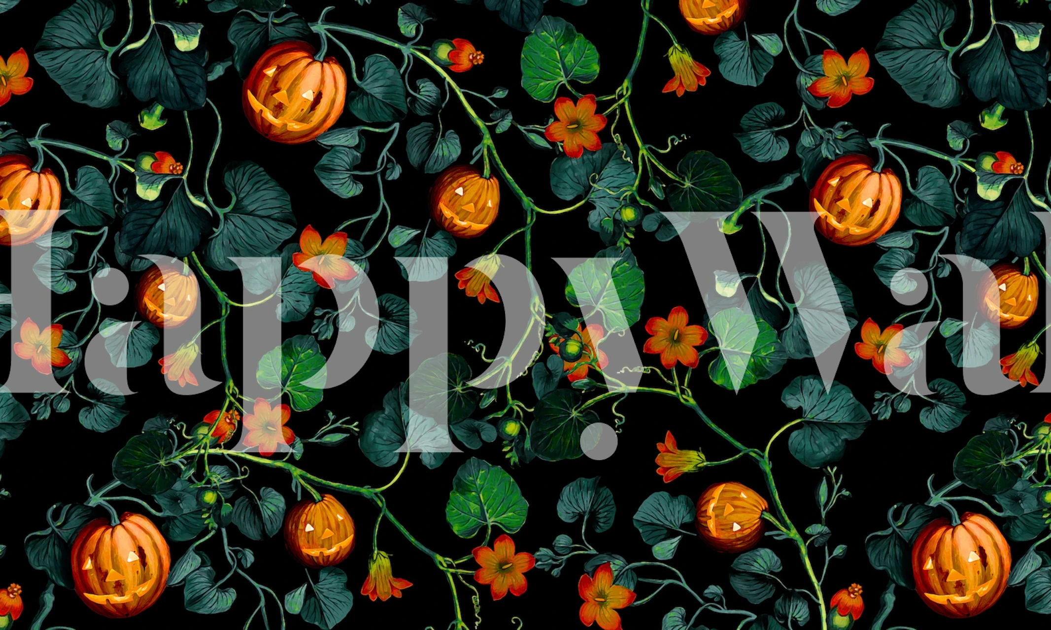 Pumpkins and flowers on black background wallpaper