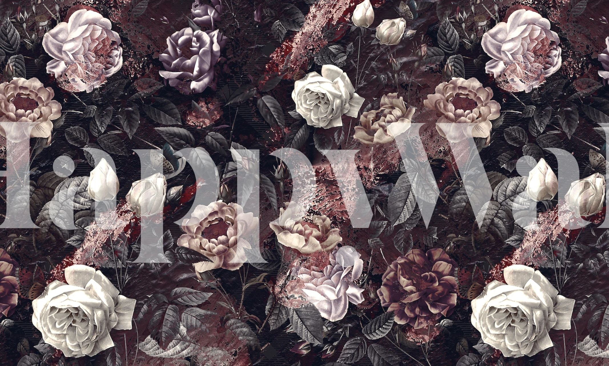 Floral pattern with roses in shades of pink, white, and purple on a dark background wallpaper