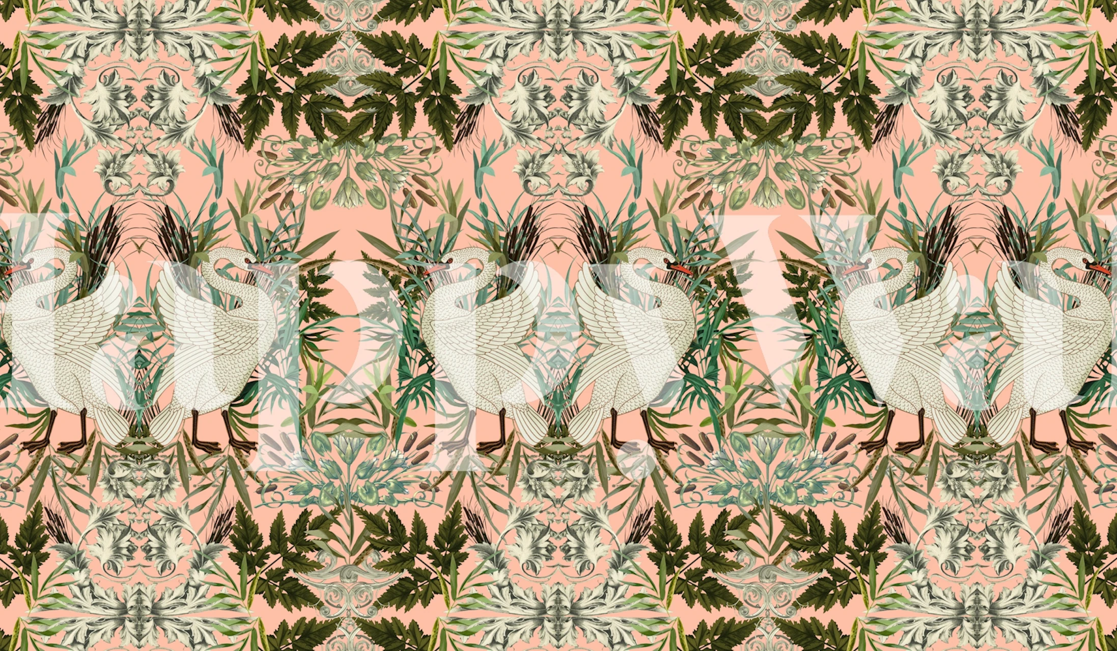 Swan and floral pattern in pink and green hues wallpaper