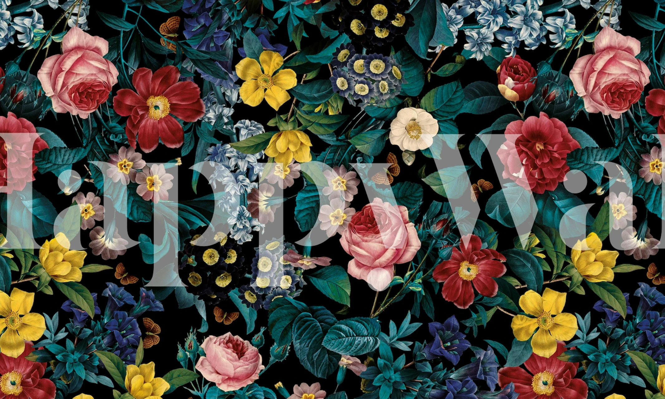 Rehevä kukkainen seinämaalaus eloisilla kukilla tummalla taustalla