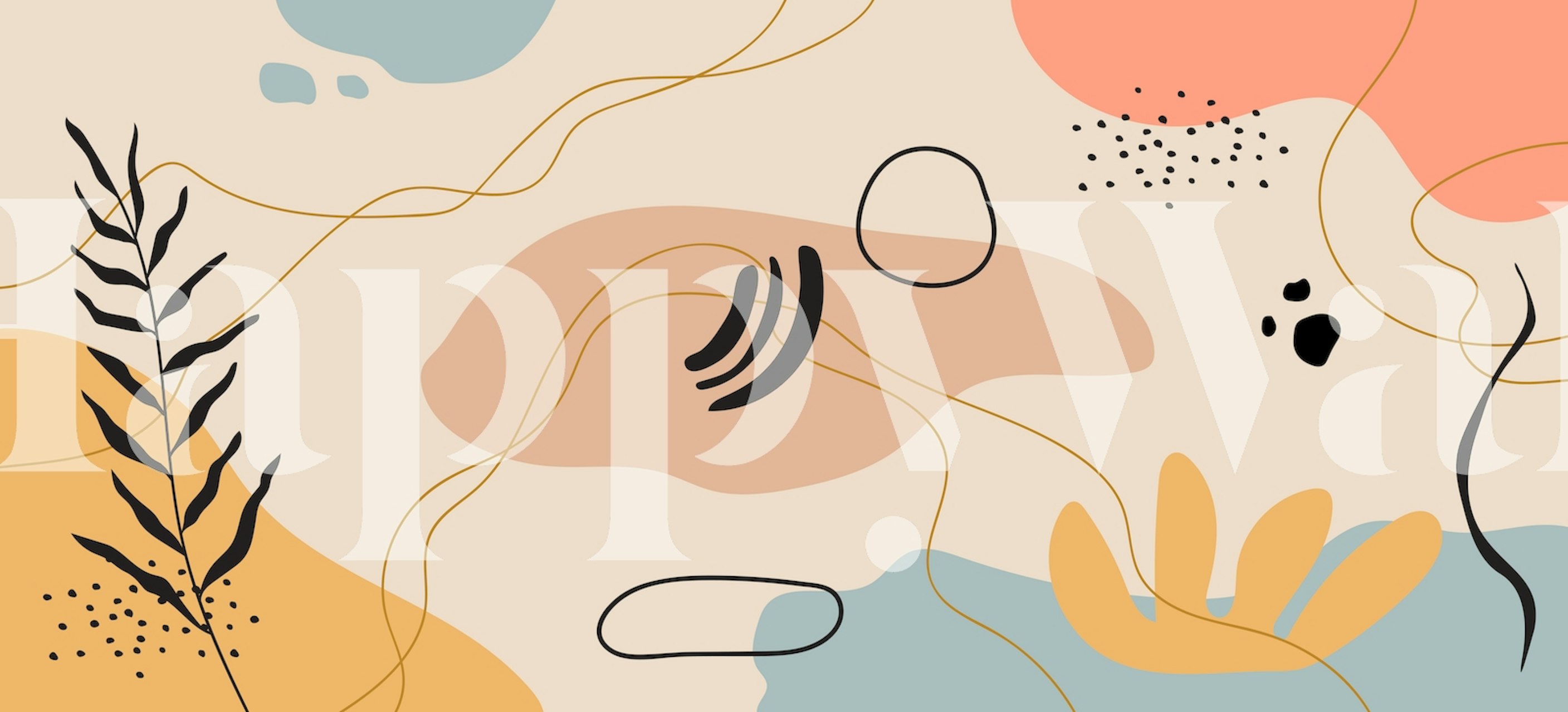 Abstract shapes in orange, blue, and beige with outlines and leaves wallpaper