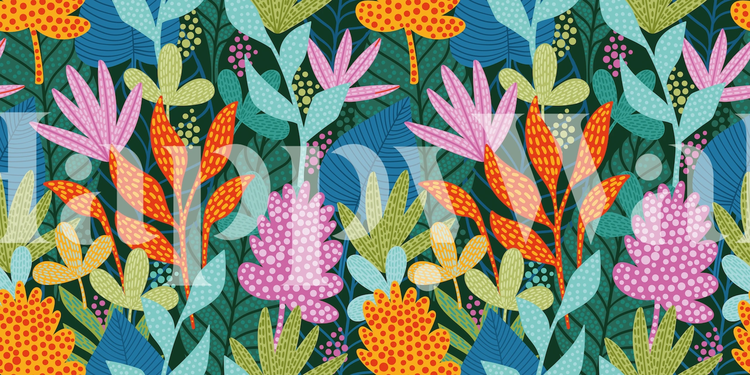 Colorful tropical flowers and leaves in various shapes on dark background wallpaper