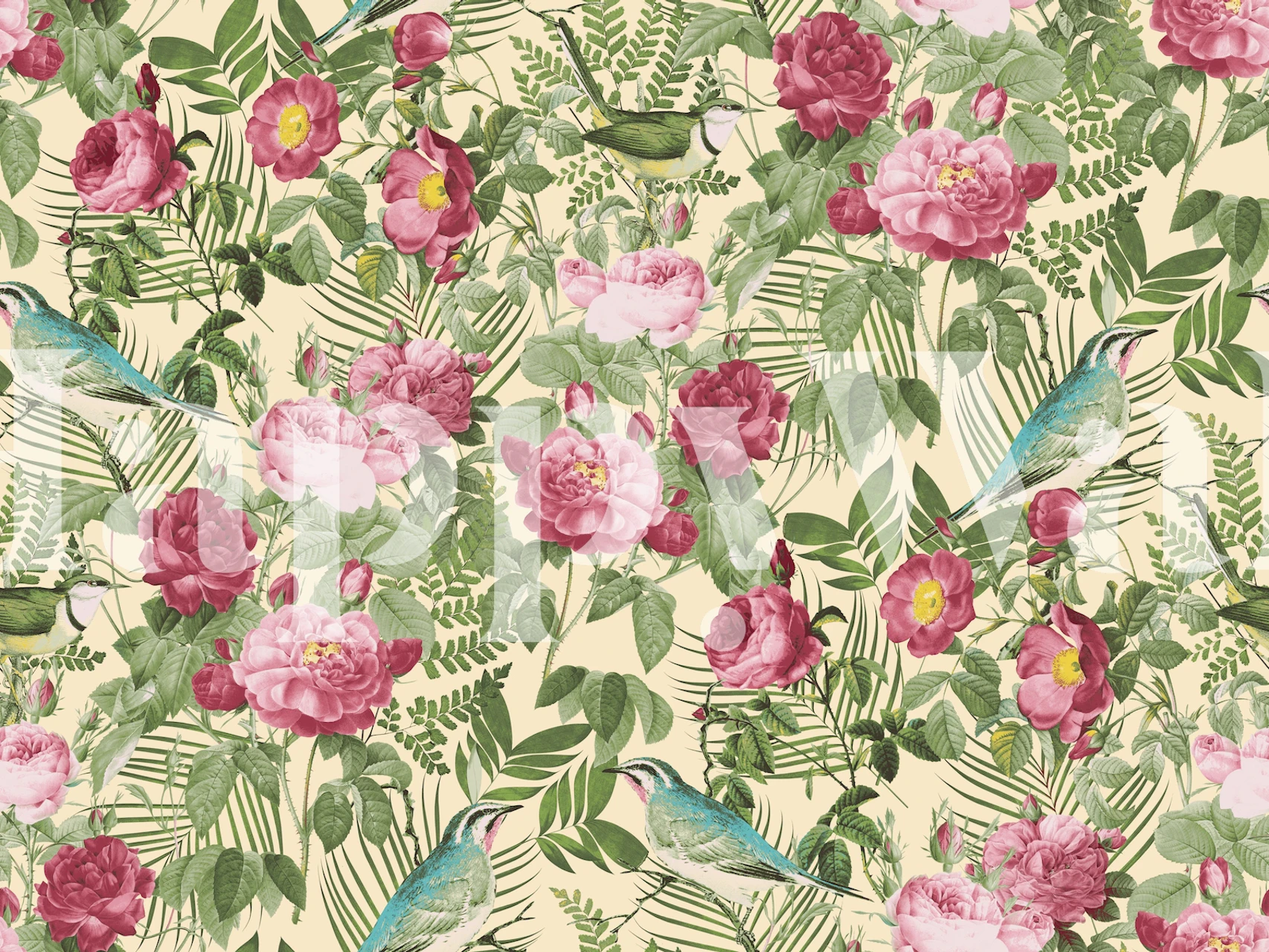 Vintage Redoute Roses Wall Mural with blooming pink and yellow roses and lush greenery on a pastel background