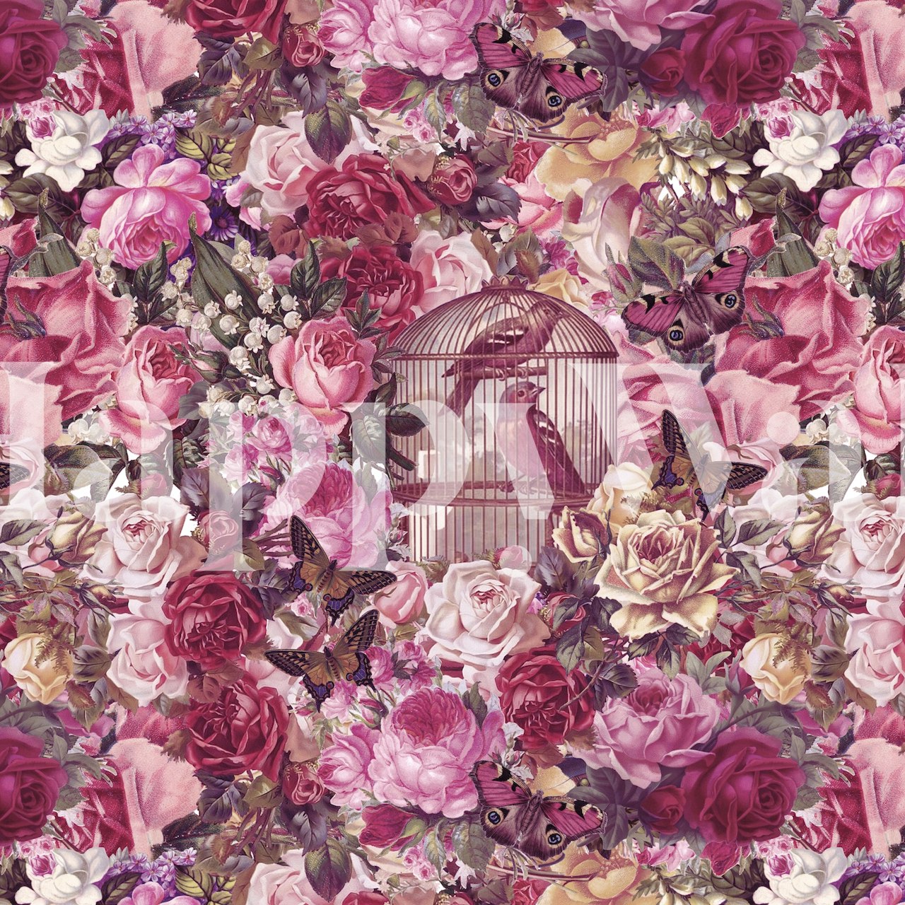 Tapeta Nostalgic Roses And Birdcage w pokoju