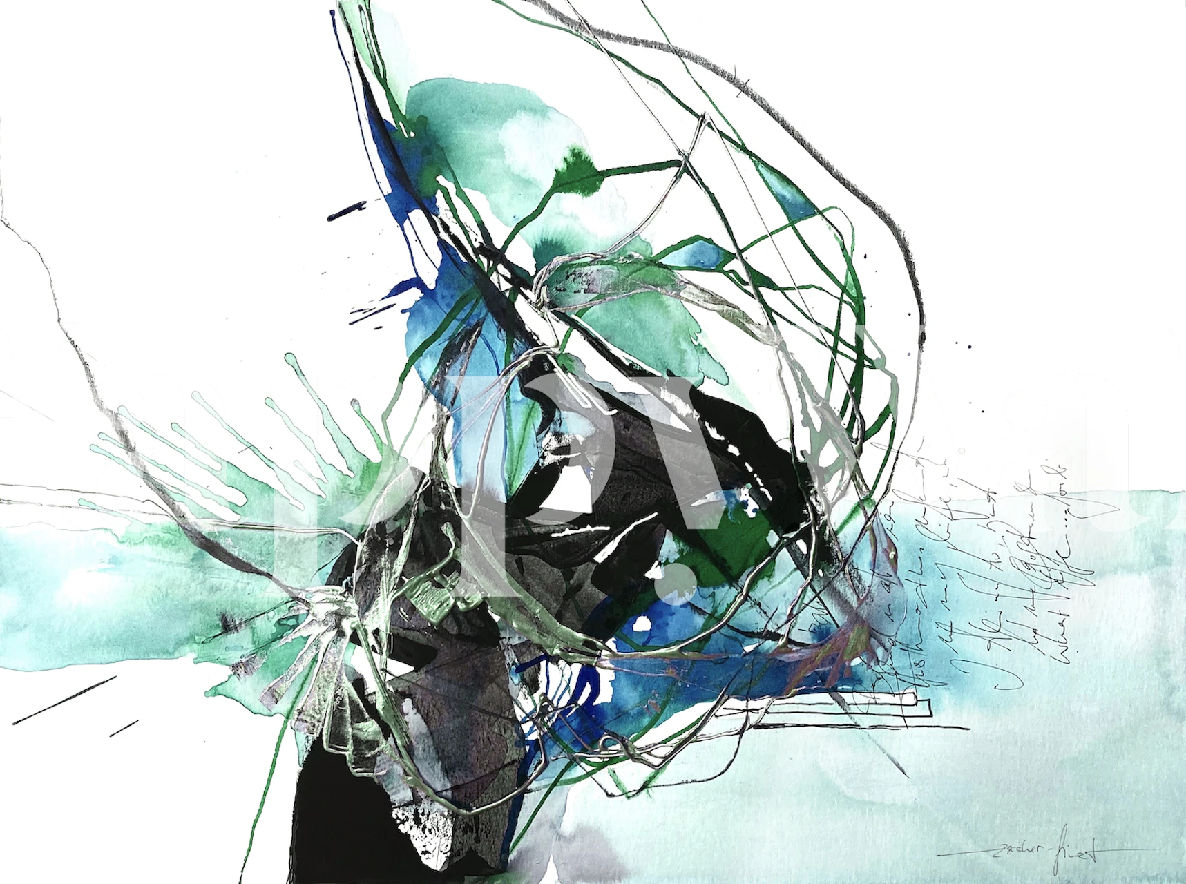 Abstract grön och blå konsttapet i ett rum