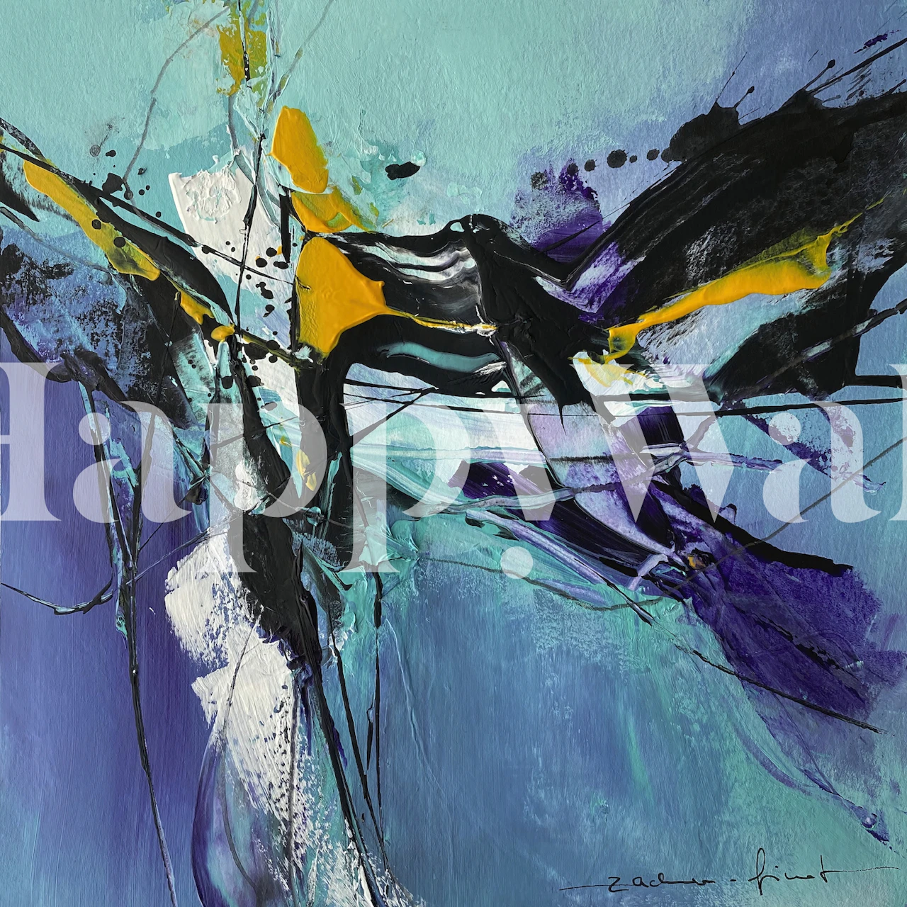 Colorful abstract brush strokes in teal, yellow, black, and purple wallpaper